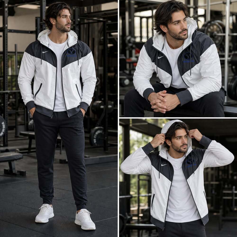 Nike BYU Cougars Windrunner Jacket White Black Full Zip Hoodie Men’s L